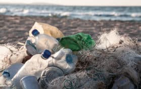 Plastic bottles and other trash on sea beach