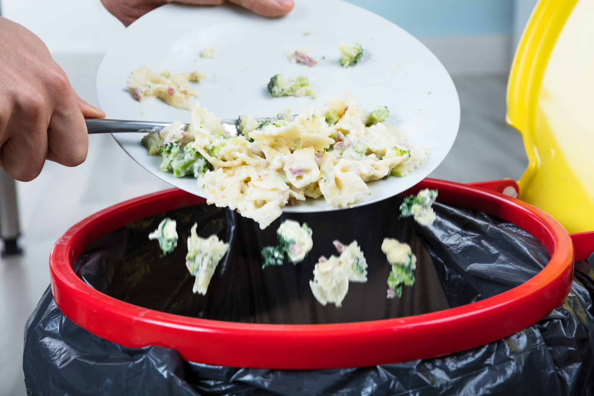 Person Throwing Cooked Pasta In Trash Bin