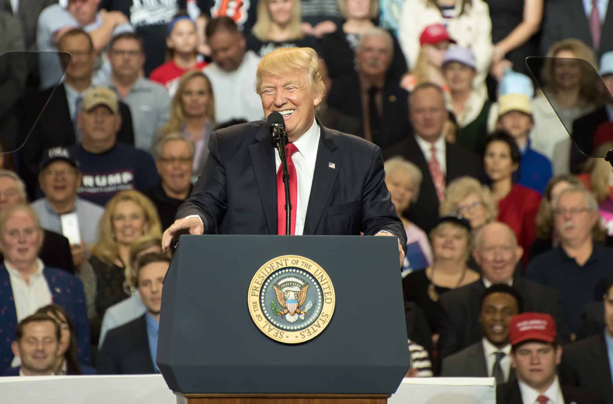 Louisville Kentucky March 20 2017 President Donald J Trump addresses a crowd at a rally inside Freedom Hall in Louisville Kentucky on March 20 2017